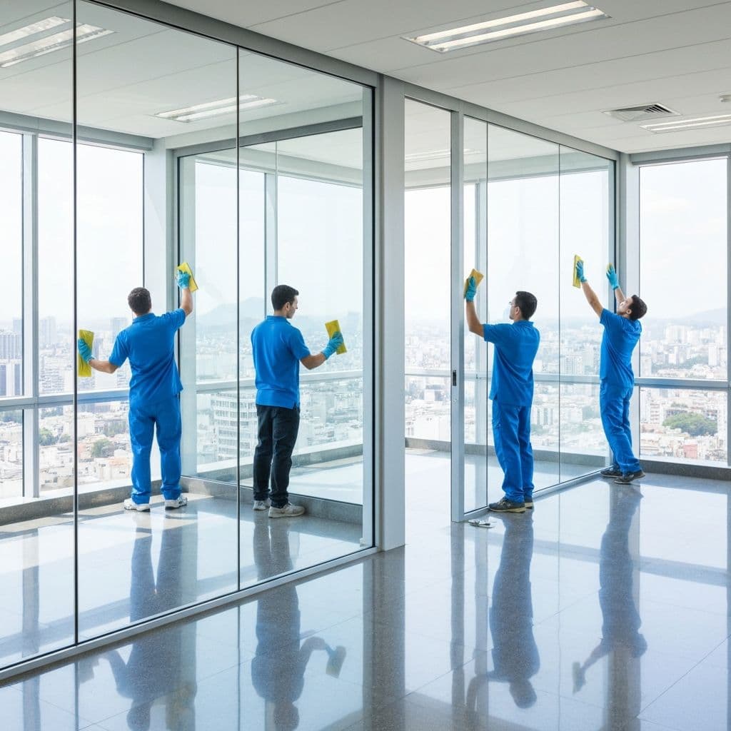 Equipe de limpeza profissional trabalhando em escritorio corporativo