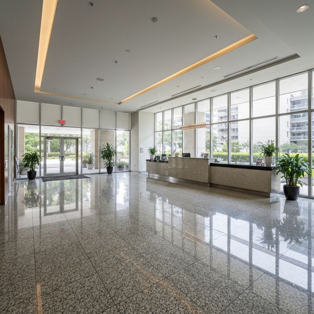 Lobby de condomínio após limpeza